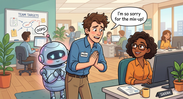 A human during an apprenticeship office apologizing to another human. The apologizer has a bashful robot behind him