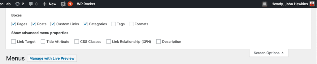 WordPress features: screen shot of the Screen Options menu in WordPress, giving the user the option of selecting which columns can be displayed in the Wordpress editor for Menus.