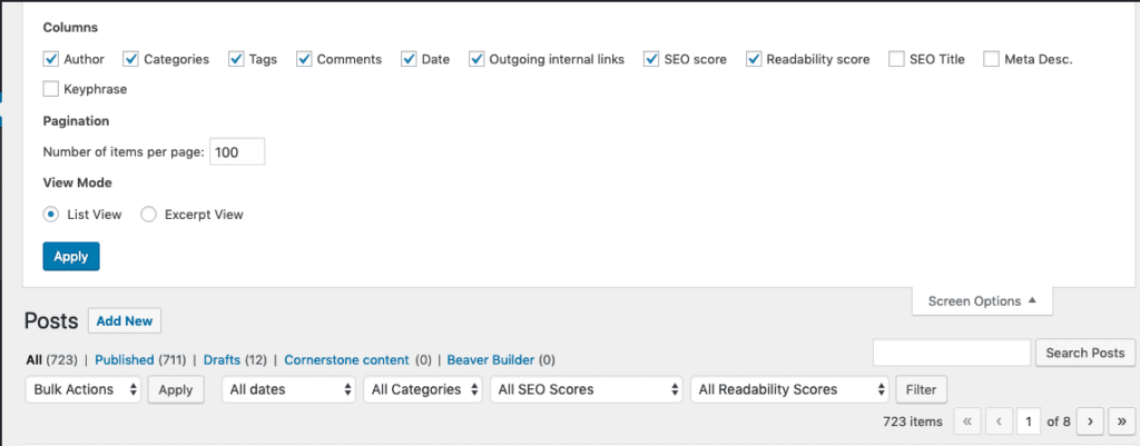 WordPress features: screen shot of the Screen Options menu in WordPress, giving the user the option of selecting which columns can be displayed in the Wordpress editor for Posts.