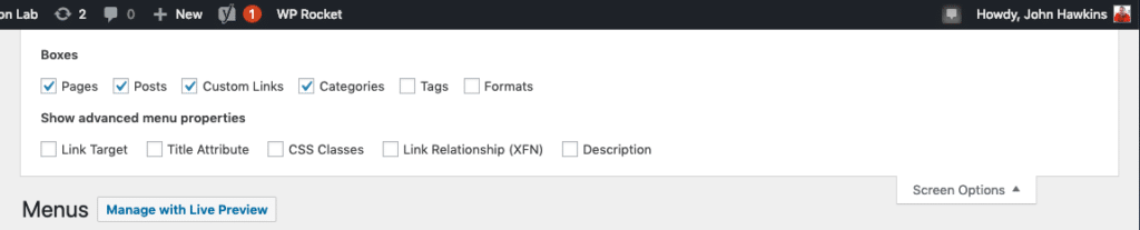 WordPress features: screen shot of the Screen Options menu in WordPress, giving the user the option of selecting which columns can be displayed in the WordPress editor for Menus.