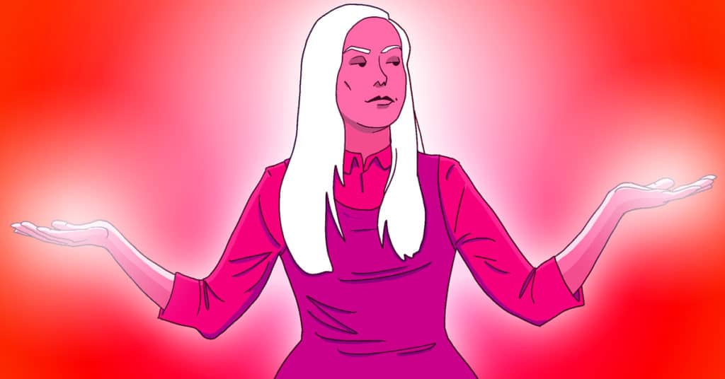 image of pink woman on red background with her arms out and hands turned up like a justice scale