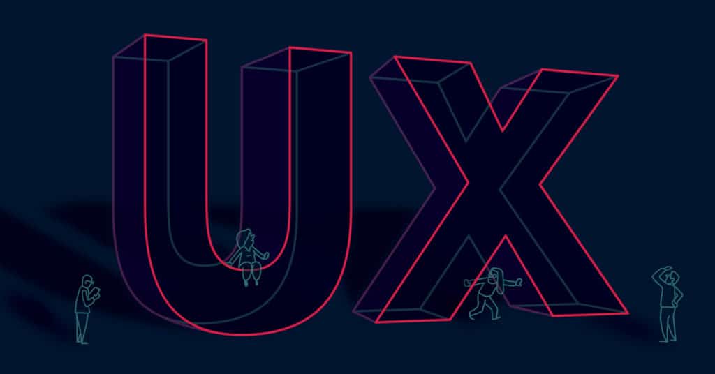 ux illustration. big red letters outlined people around them