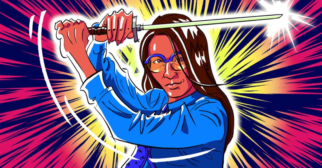 cartoon illustration of woman with blue shirt and glasses yielding a sword