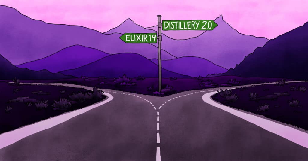 Elixir on green street signs at split in road. Purple mountains in background. Illustration.