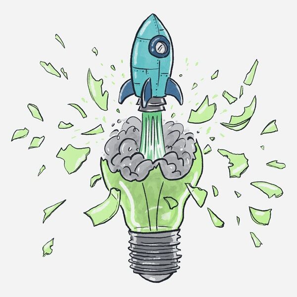 Illustration in blue and green of rocket shooting out of a lightbulb