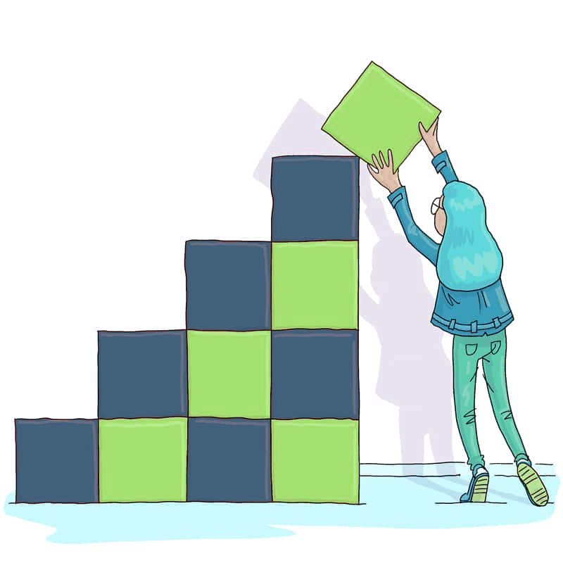 Cartoon illustration of woman with blue hair stacking gray and green blocks. Building software concept on Revelry home page.