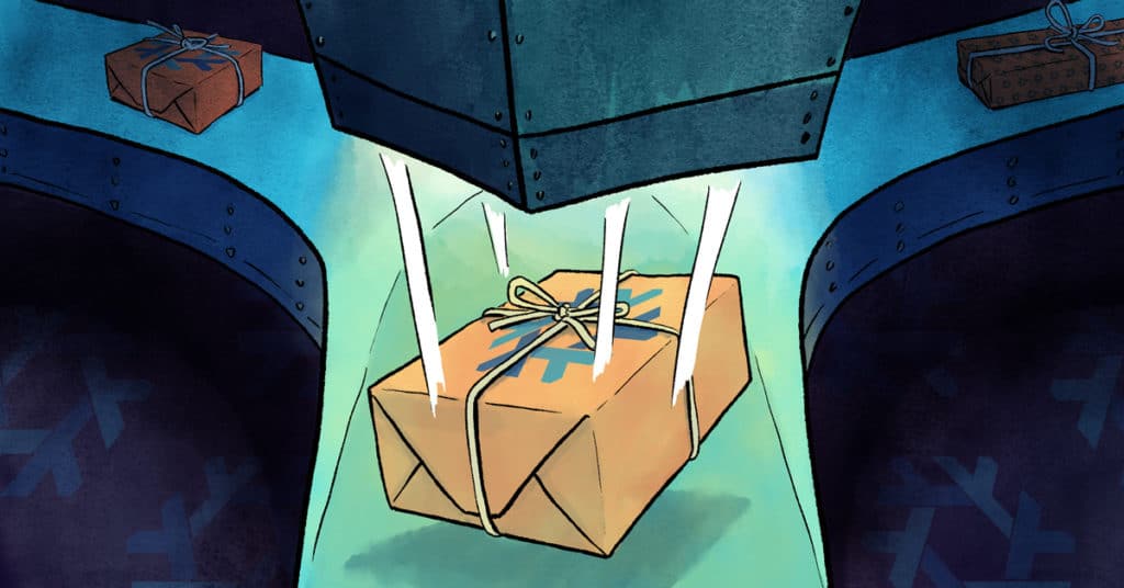 Revelry illustration of a green and blue conveyor belt with two brown paper packages tied with string. A third package is falling from a metal chute above.