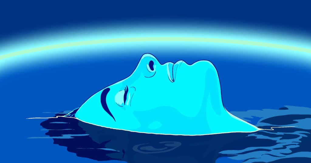 Revelry Blue illustration of a person floating in blue water, showing their face with eyes closed.