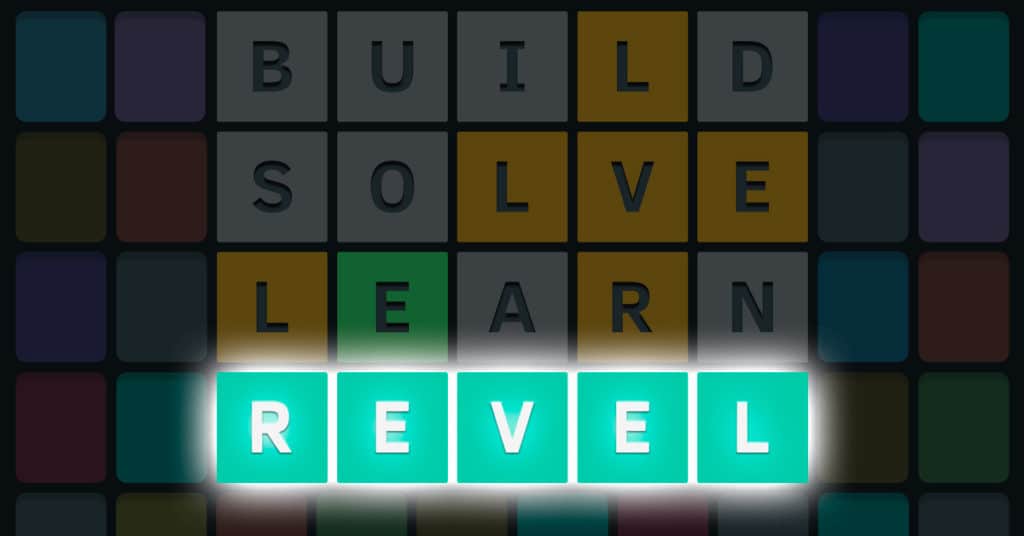 Revelry illustration of colorful letters in a wordle-style game. The words are: BUILD, SOLVE, LEARN, REVEL.