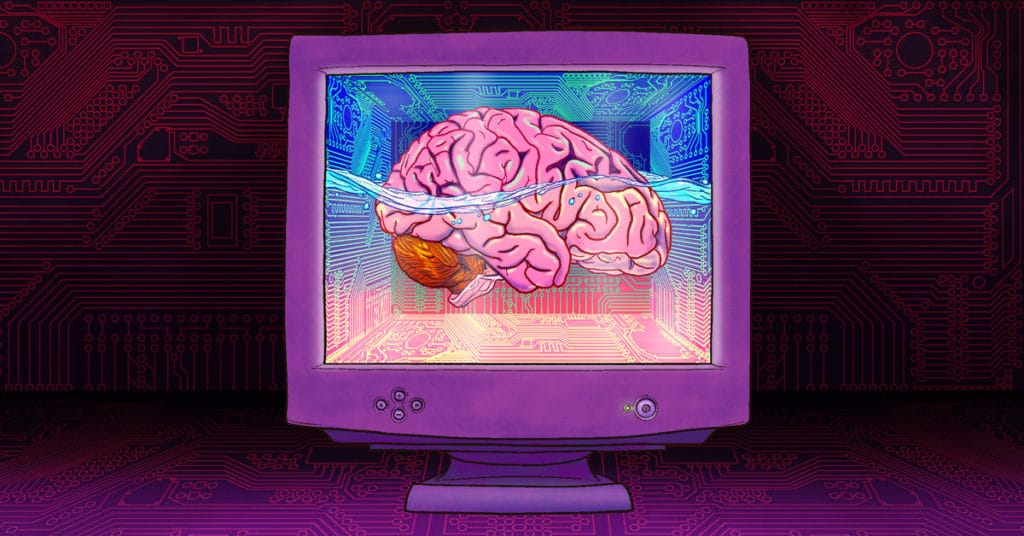 Revelry illustration of a purple computer monitor. Behind the screen of the monitor is a tank of water with a pink human brain floating inside, and circuitry lines on the sides of the tank.