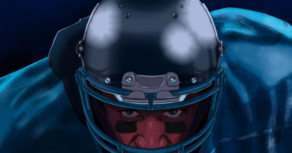 Revelry illustration of a footer player wearing a black helmet, looking straight ahead.