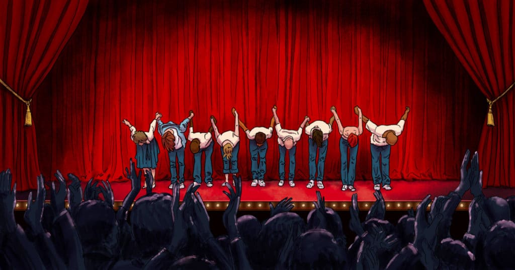 Revelry blog. Illustration of 9 people with blue pants and white shirts holding hands and bowing on a stage, in front of a red curtain, with a crowd in front raising their hands and clapping.