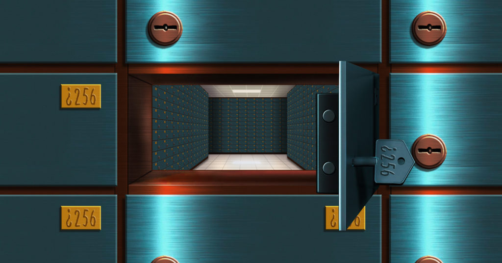 An illustration of a wall of blue bank safety deposit boxes with one door open & unlocked, leading to a room of more safety deposit boxes.
