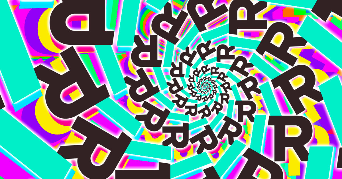 A colorful illustration of many black R letters in a spiral with purple, cyan and yellow background in a fractal design. Revelry blog