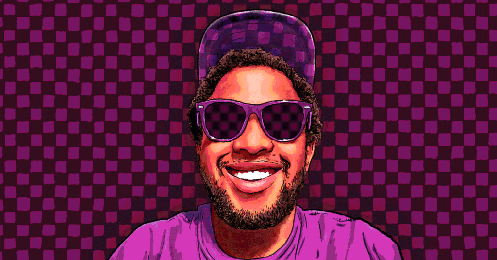 Nick Schello CTO Revelry A color-changing illustration of a man wearing glasses and a baseball cap in front of a checkered background.