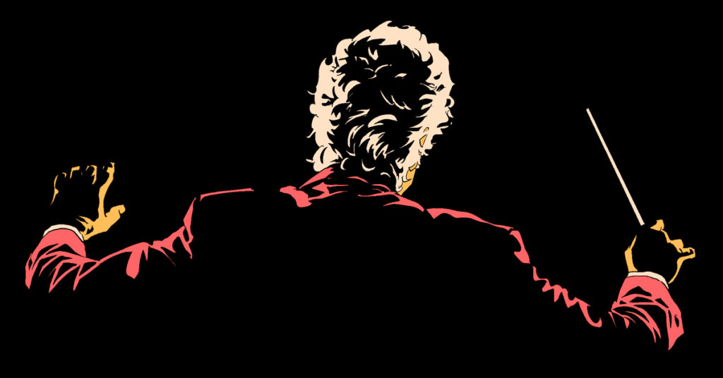 An illustration of the back of an orchestra conductor with short blond hair and a red jacket, holding a baton in their right hand in front of a black background.