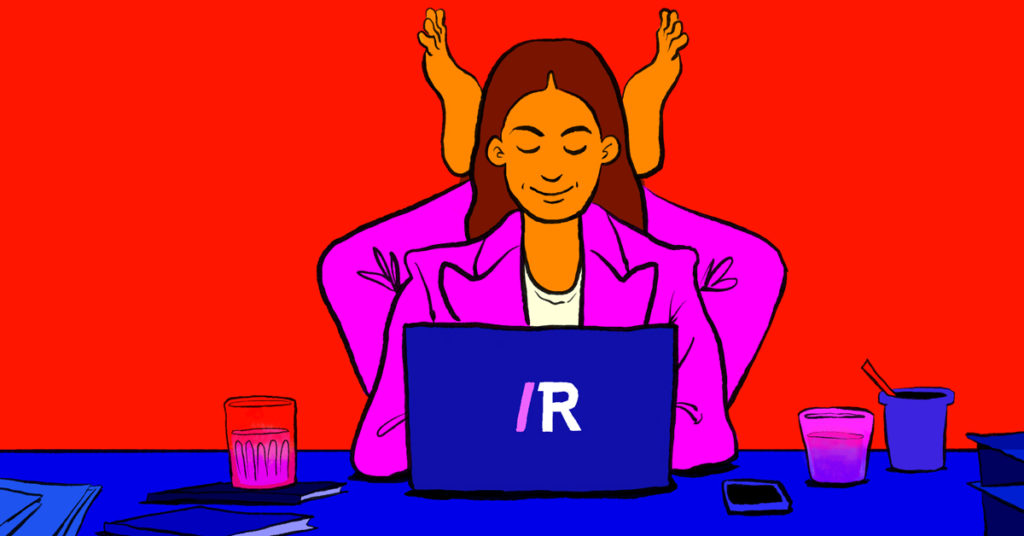 Revelry blog. An illustration of a person with long brown hair sitting at a desk with a laptop that has the Revelry R logo on it. There are coffee cups on the desk, and the person's feet are behind their head.