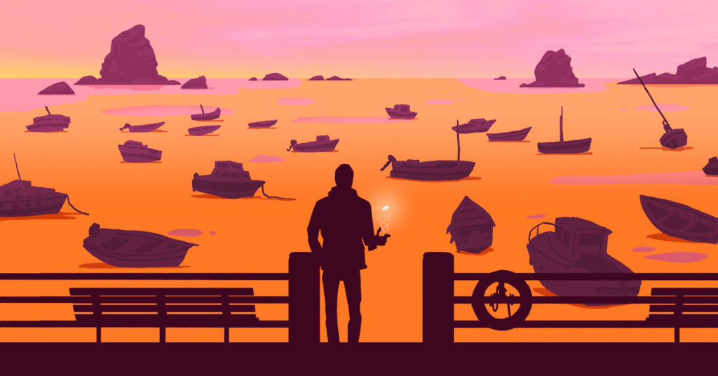 An illustration of a person standing on a dock in front of a harbor full of sinking ships.