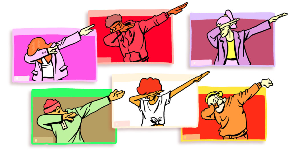 An illustration of 6 people on different computer screens looking down with their left arms pointing up in a dance move. Dab Revelry blog