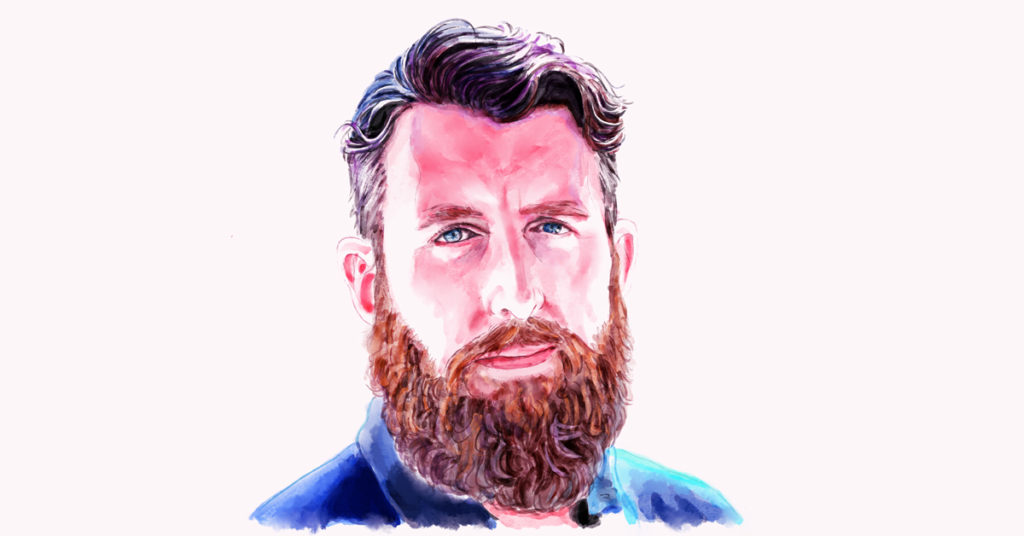 An illustration of a man with a beard, wearing a blue shirt. Gerard Ramos CEO Revelry