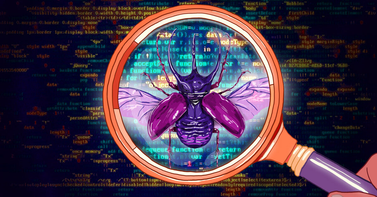 software bug illustration. Magnifying glass with purple and blues. Code in the background.