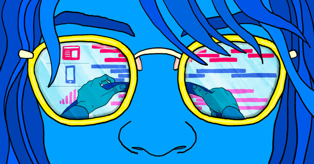 illustration closeup of person wearing sunglasses with product roadmap reflected in lenses