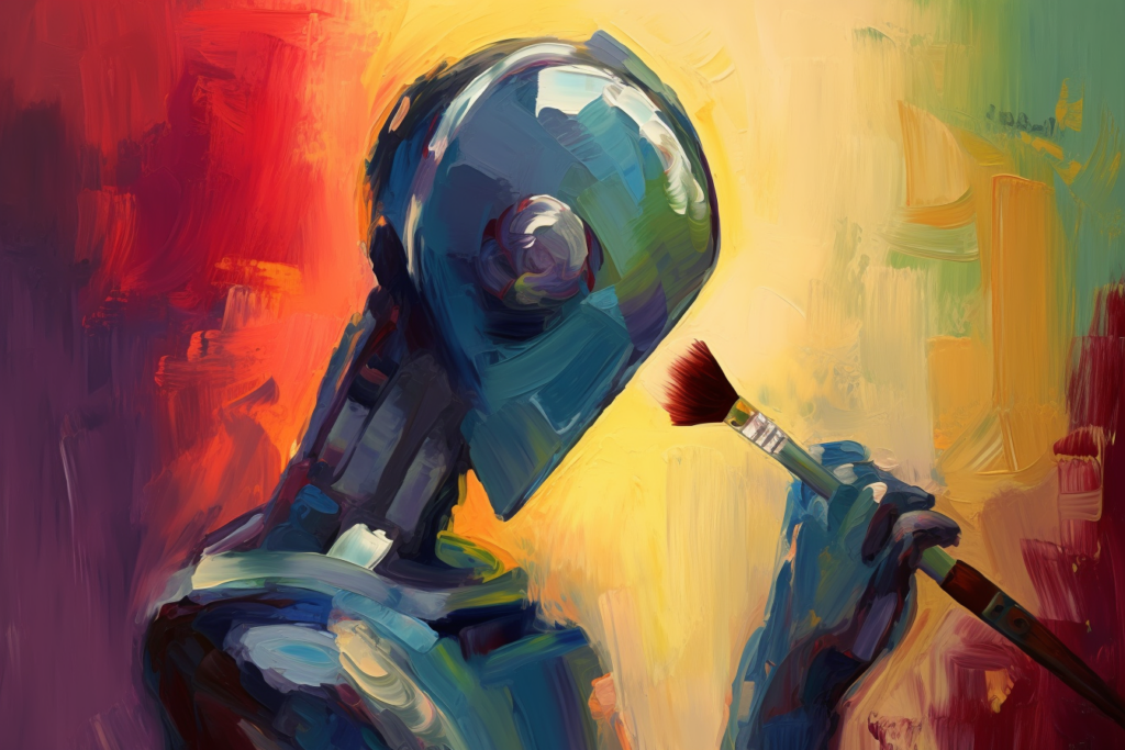 Illustration of robot inquisitively holding a paintbrush. Acrylic style.
