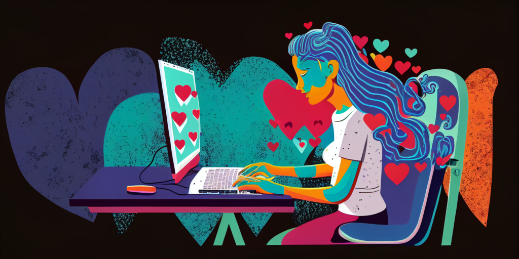 Illustration in bright colors. Woman at laptop with long hear and hearts in background