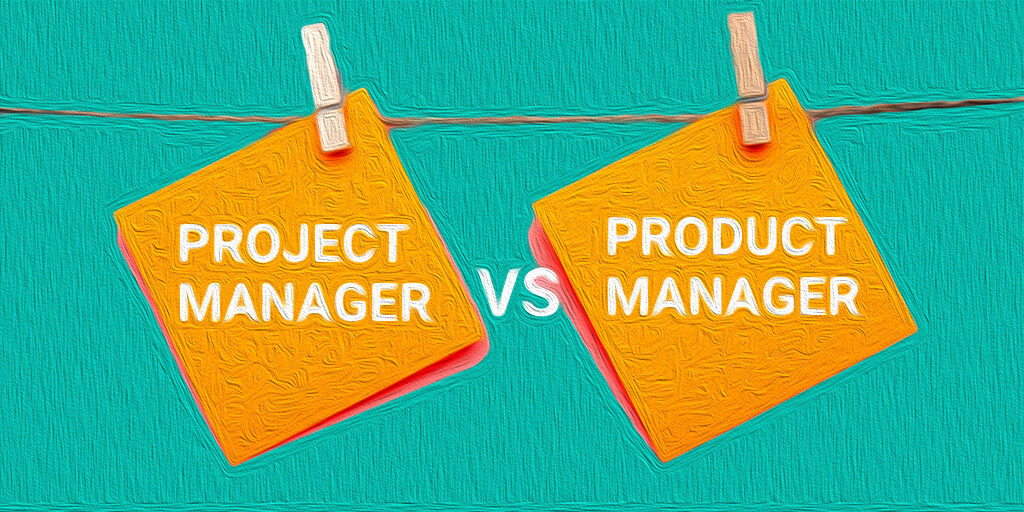 product manager vs project manager illustration for Revelry blog. Teal background with orange post-it notes clipped to clothes line.