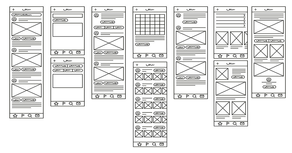 Black and white illustration of wireframes for Revelry blog post