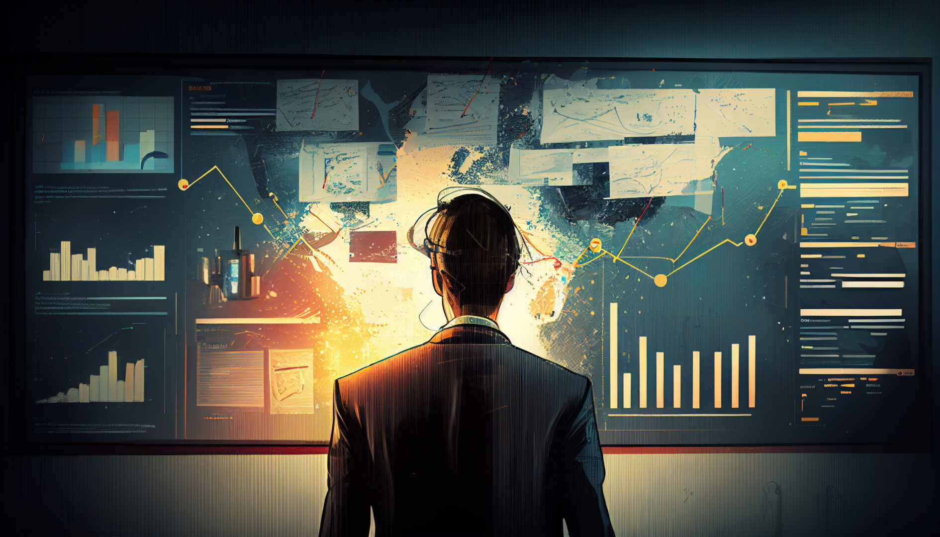 digital workspace with spatial computing Revelry blog. Business man standing in front of board with graphs and charts. Illustration.