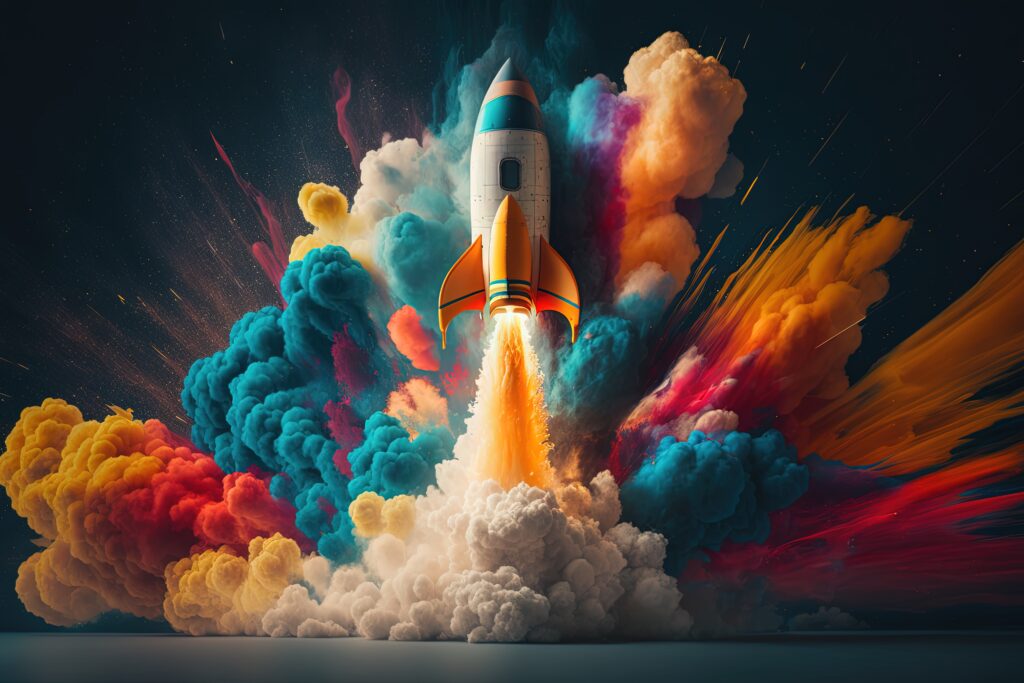 AI rocket ship with bright colors from Revelry blog
