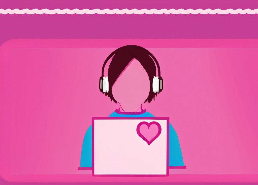 Revelry blog post about product development and listening for the love. Pink image with illustration of person at laptop with heart on front. Headphones on.
