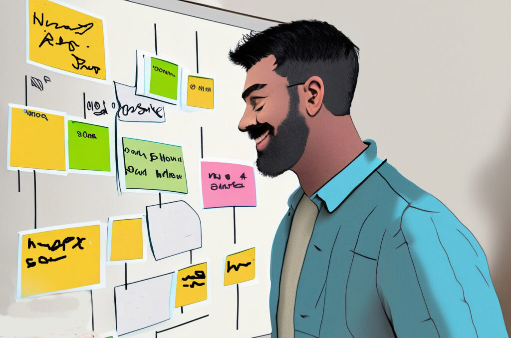 Empathy in product design blog post man with beard looking at journey map with Post-it notes