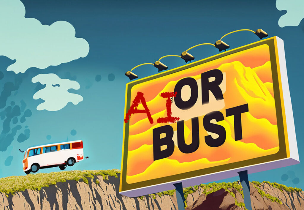 AI or Bust webinar image bus near edge of cliff with billboard message