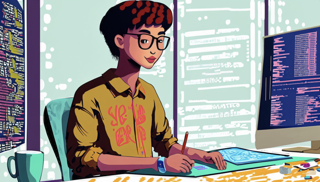 blog image by Revelry. Design engineer working concept. Woman with short hair and glasses at computer