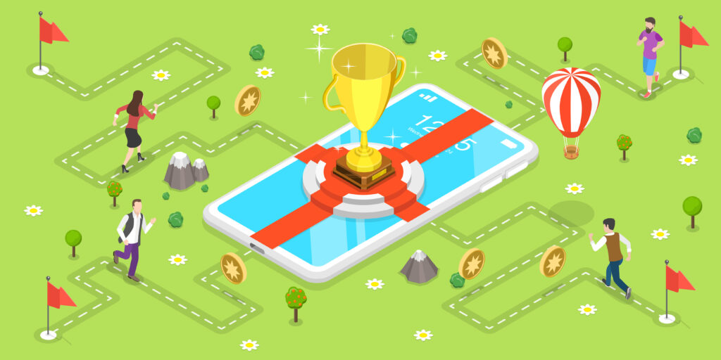 gamification in product development blog post by Revelry. Green screen trophy illustration of game tactics