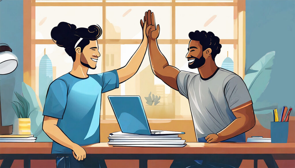 two men high five in office setting. Revelry blog image for post on apprenticeship coaching