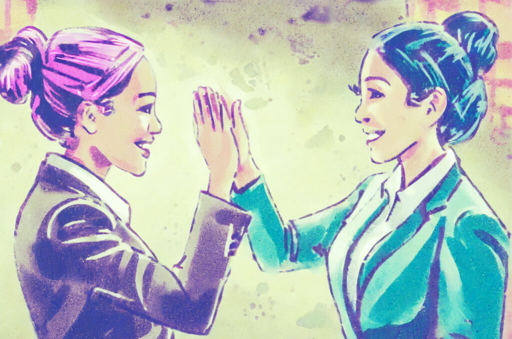 relationship between PM and engineering blog image two women high five. blog image by Revelry