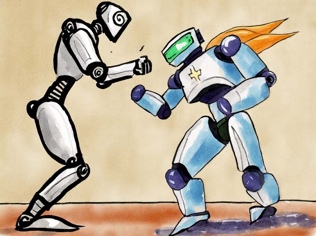 AI webinar good vs. evil image of two robots fighting. blog image by Revelry