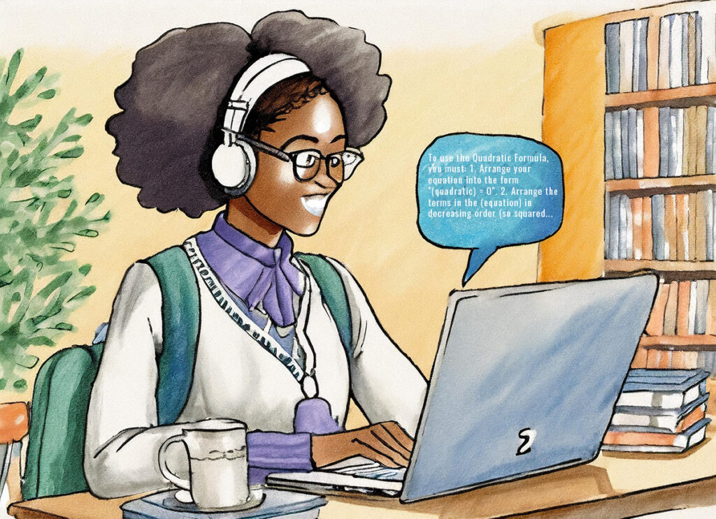blog image by Revelry. Young black woman at laptop using AI to do homework. College student in library