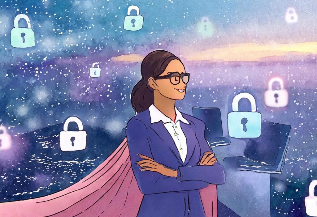 Business woman wearing cape surrounded by padlocks for cybersecurity blog post by Revelry