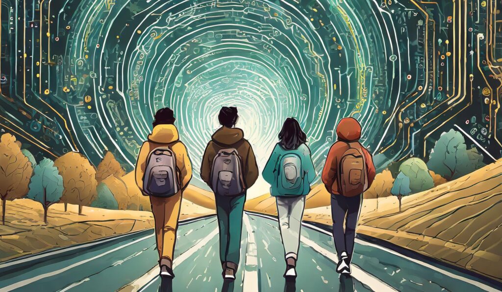 Four people in hoodies walking away on a long road. Circuit background. AI blog image for Revelry.