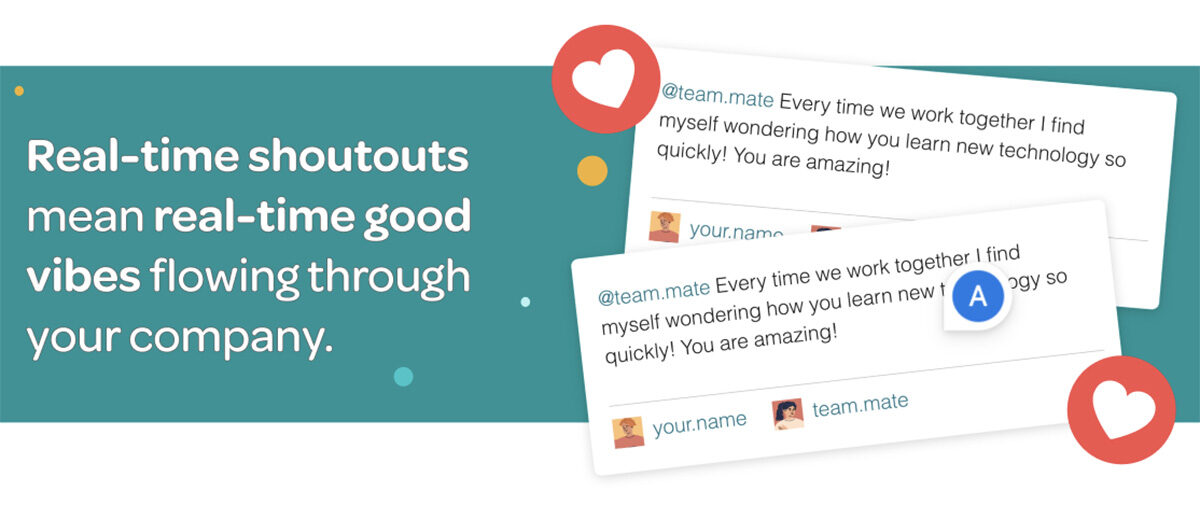 Peerbot software tool by revelry. Image of two slack messages with hearts and teal, red coloring