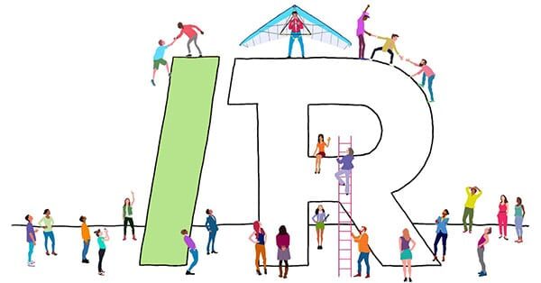 Revelry logo illustration with people climbing, looking and hang glider