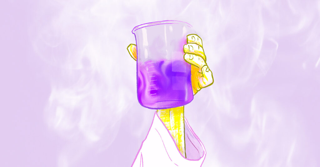 illustration in purple of chemist hand holding a large beeker. Revelry blog post on TextChunker RAG app for Elixir