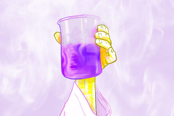 illustration in purple of chemist hand holding a large beeker. Revelry blog post on TextChunker RAG app for Elixir