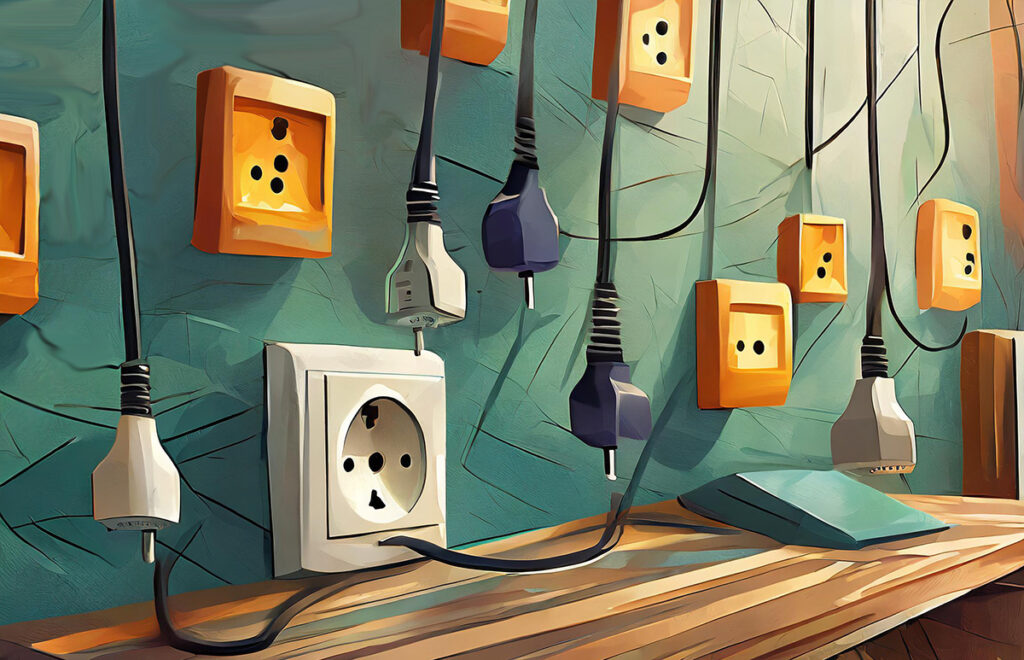 AI generated concept art on pluggability. Plugs dangling above desk