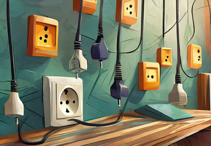 AI generated concept art on pluggability. Plugs dangling above desk