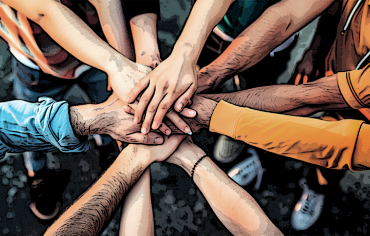 Revelry blog post on trust in partnerships. Hands stack in center of circle.